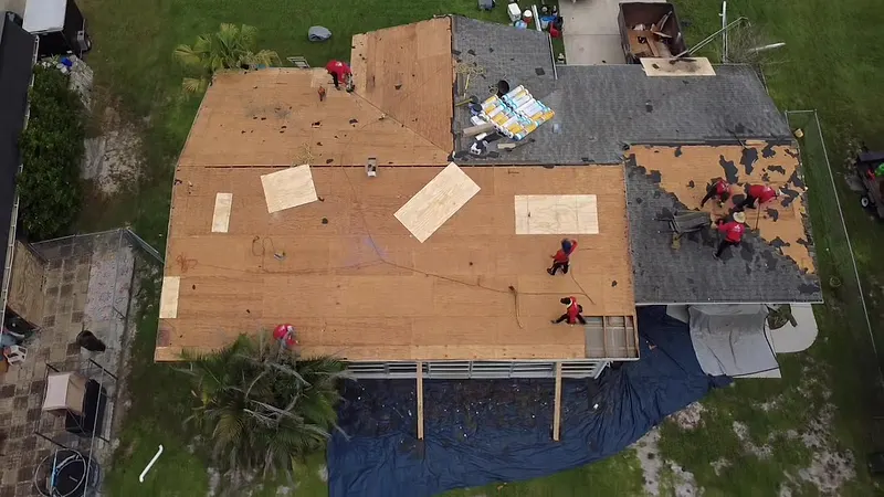 Drone view of a Remco re-roof with new plywood decking