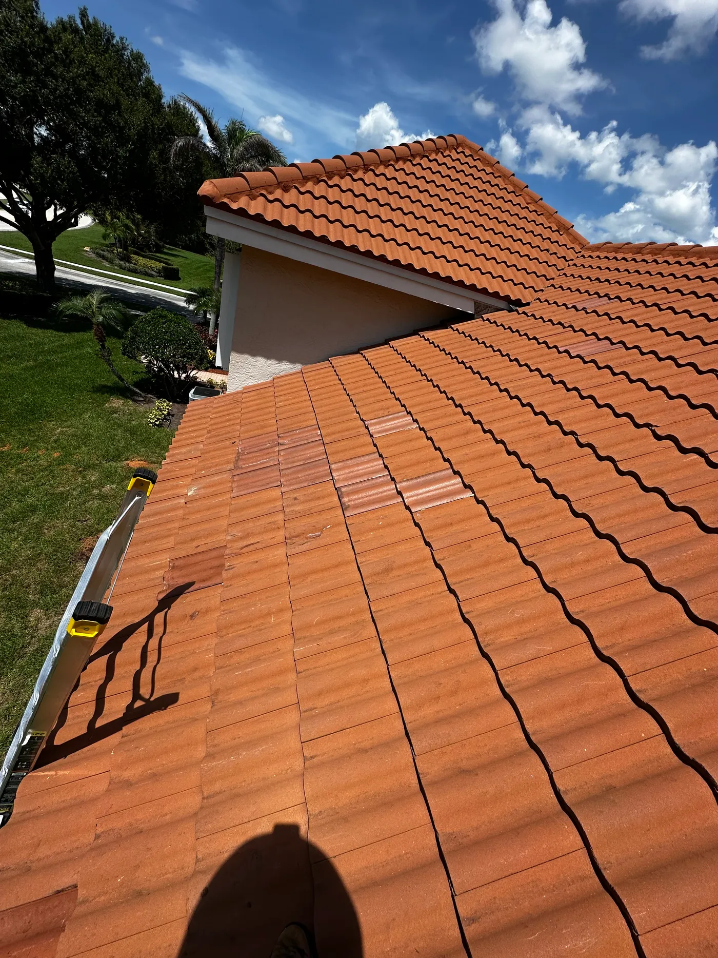 Clay tile roof edge at the eave of a Florida home